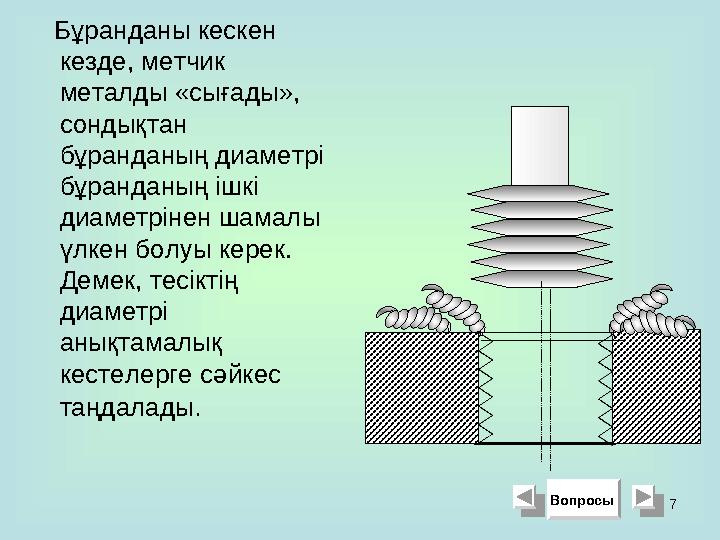 7 Бұранданы кескен кезде, метчик металды «сығады», сондықтан бұранданың диаметрі бұранданың ішкі диаметрінен шамалы үл