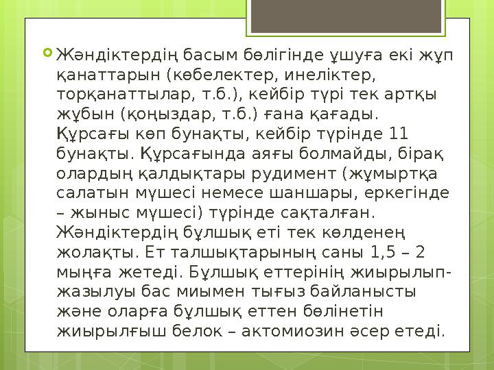  Жәндіктердің басым бөлігінде ұшуға екі жұп қанаттарын (көбелектер, инеліктер, торқанаттылар, т.б.), кейбір түрі тек артқы ж