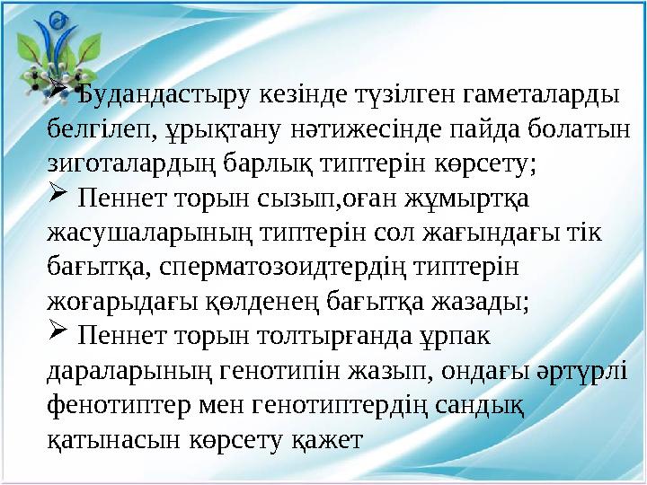  Будандастыру кезінде түзілген гаметаларды белгілеп, ұрықтану нәтижесінде пайда болатын зиготалардың барлық типтерін көрсету