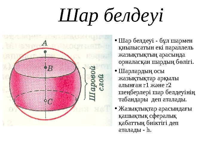 Шар белдеуі • Шар белдеуі - бұл шармен қиылысатын екі параллель жазықтықтың арасында орналасқан шардың бөлігі. • Шарлардың о