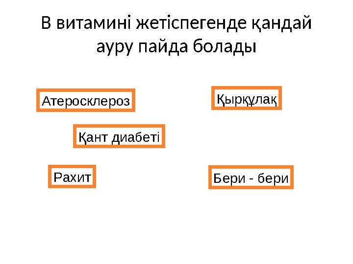 В витамині жетіспегенде қандай ауру пайда болады Атеросклероз Қант диабеті Бери - бери Қырқұлақ Рахит