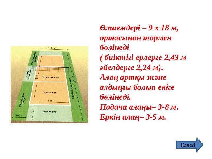 Өлшемдері – 9 х 18 м, ортасынан тормен бөлінеді ( биіктігі ерлерге 2,43 м әйелдерге 2,24 м). Алаң артқы және алдыңғы болып е