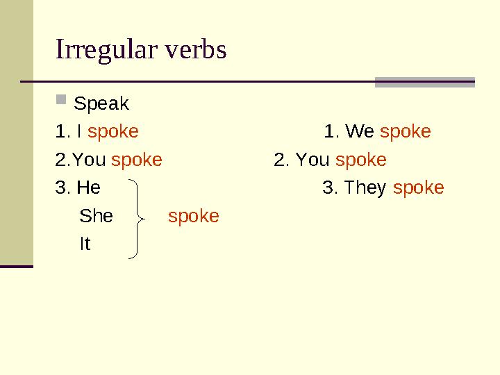 Irregular verbs  Speak 1. I spoke 1. We spoke 2.You spoke 2. You spoke 3. He 3. They spoke She spoke