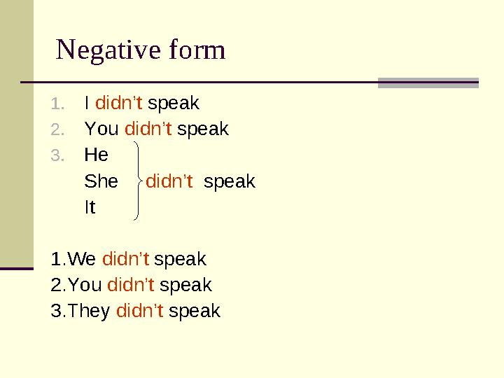 Negative form 1. I didn’t speak 2. You didn’t speak 3. He She didn’t speak It 1.We didn’t speak 2.You didn’t