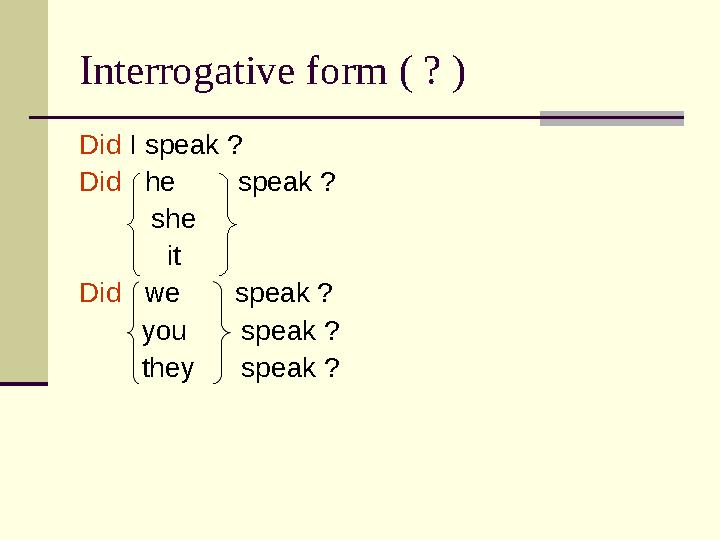 Interrogative form ( ? ) Did I speak ? Did he speak ? she it Did we speak ? you