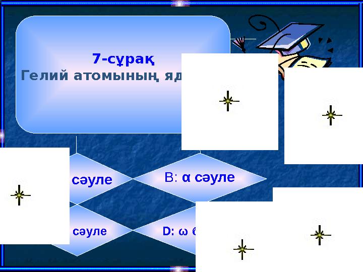 7 -сұрақ Гелий атомының ядросы А: β сәуле B: α сәуле C : γ сәуле D: ω бөлшек