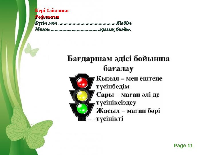 Free Powerpoint Templates Page 11Кері байланыс РефлексияРефлексия Бүгін мен .............................................білдім