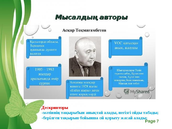 Free Powerpoint Templates Page 7Мысалдың авторы Мысалдың авторы Дескрипторы -мәтіннің тақырыбын анықтай алады, негізгі ойды та