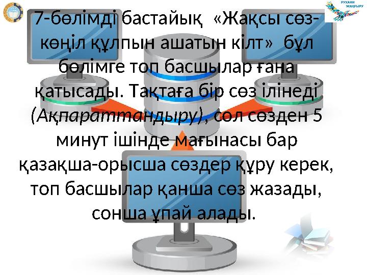 7-бөлімді бастайық «Жақсы сөз- көңіл құлпын ашатын кілт» бұл бөлімге топ басшылар ғана қатысады. Тақтаға бір сөз ілінеді