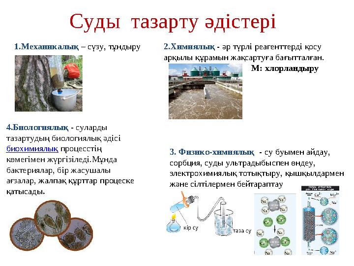 Суды тазарту әдістері 1.Механикалық – сүзу, тұндыру 2.Химиялық - әр түрлі реагенттерді қосу арқылы құрамын жақсартуға бағы Суды тазарту әдістері 1.Механикалық – сүзу, тұндыру 2.Химиялық - әр түрлі реагенттерді қосу арқылы құрамын жақсартуға бағы