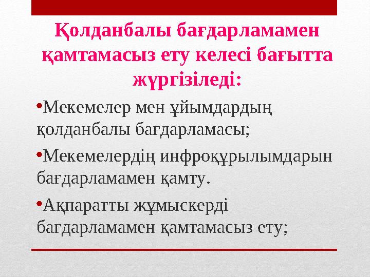 Қолданбалы бағдарламамен қамтамасыз ету келесі бағытта жүргізіледі: • Мекемелер мен ұйымдардың қолданбалы бағдарламасы; • Мек