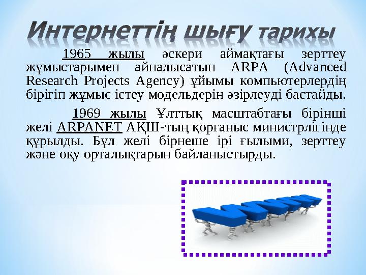 1965 жылы әскери аймақтағы зерттеу жұмыстарымен айналысатын ARPA ( Advanced Research Projects Agency ) ұйымы комп