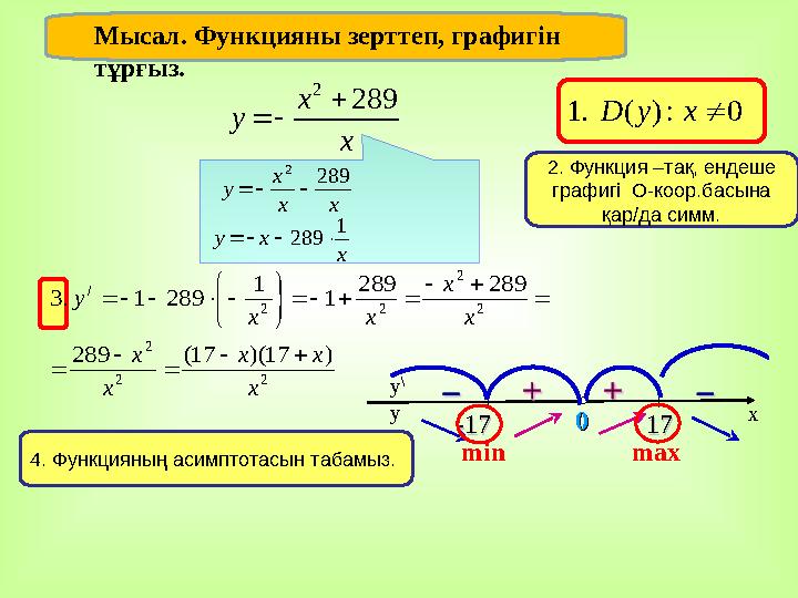 Мысал. Функцияны зерттеп, графигін тұрғыз.0 : ) ( . 1  x y D х х y 289 2    2 2 2 2 2 2 2 / ) 17 )( 17( 289