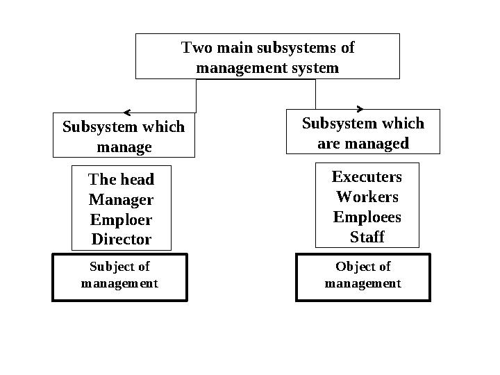 Two main subsystems of management system Subsystem which manage The head Manager Emploer Director Executers Workers Emploees S