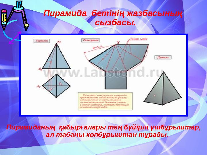 Пирамида бетінің жазбасының сызбасы. Пирамиданың қабырғалары тең бүйірлі үшбұрыштар, ал табаны көпбұрыштан тұрады.