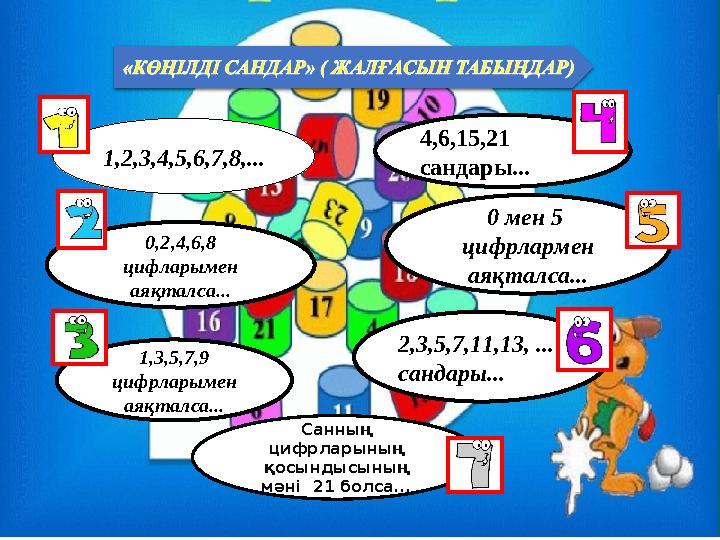 1,2,3,4,5,6,7,8,... 0,2,4,6,8 цифларымен аяқталса... 1,3,5,7,9 цифрларымен аяқталса... 2,3,5,7,11,13, ... сандары... 4,6,15