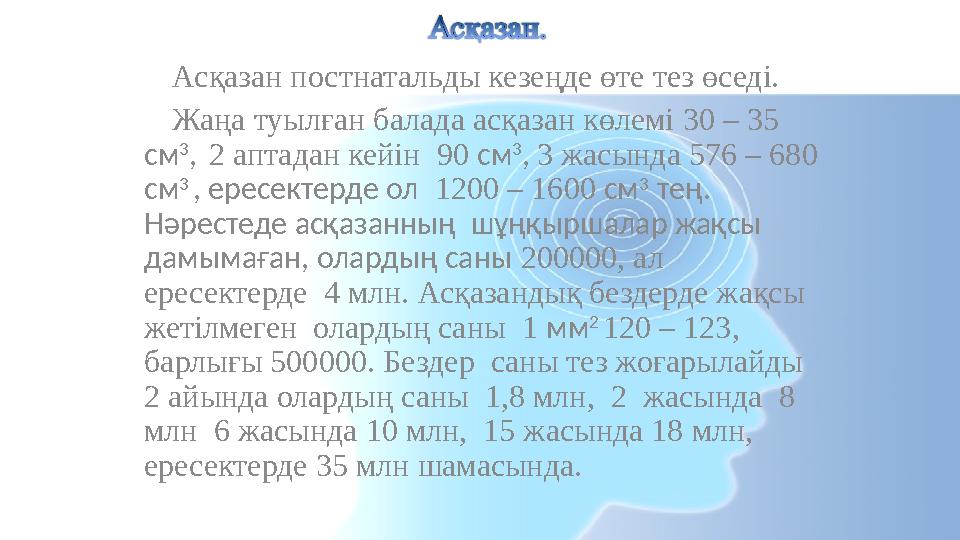 Асқазан постнатальды кезеңде өте тез өседі. Жаңа туылған балада асқазан көлемі 30 – 35 см 3 , 2 аптадан кейін 90 см 3