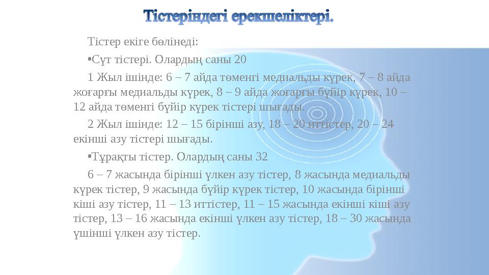 Тістер екіге бөлінеді: • Сүт тістері. Олардың саны 20 1 Жыл ішінде: 6 – 7 айда төменгі медиальды күрек, 7 – 8 ай