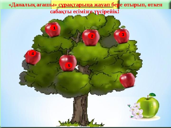 1 2 3 4 5«Даналық ағашы» сұрақтарыңа жауап бере отырып, өткен сабақты есімізге түсірейік!