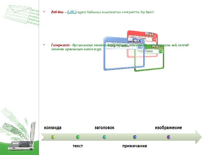 • Веб-бет – ( URL ) адресі бойынша анықталатын интернеттің бір бөлігі • Гипермәтін - бұл қосымша элементтерді басқару