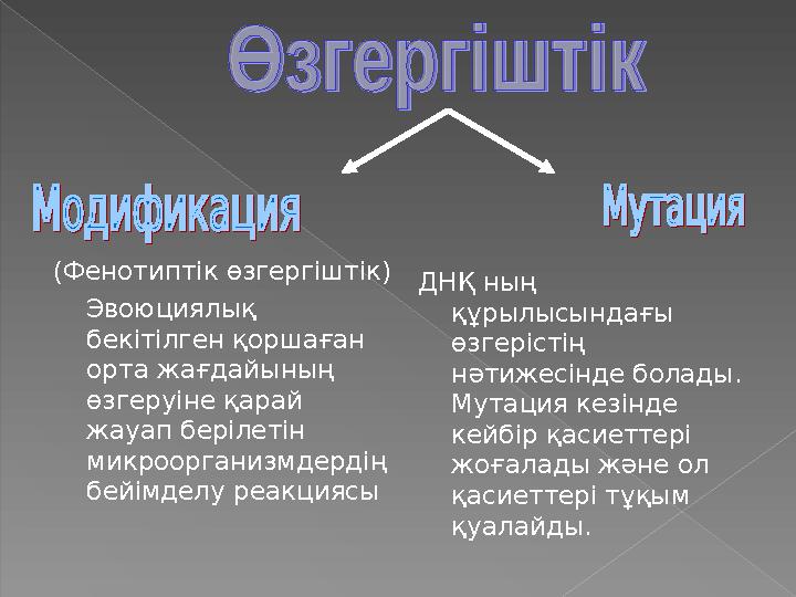 (Фенотиптік өзгергіштік) Эвоюциялық бекітілген қоршаған орта жағдайының өзгеруіне қарай жауап берілетін микроорганизмд