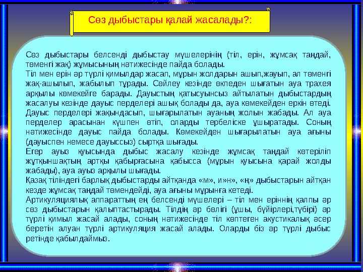 Сөз дыбыстары белсенді дыбыстау мүшелерінің (тіл, ерін, жұмсақ таңдай, төменгі жақ) жұмысының нәтижесінде пайда болады.