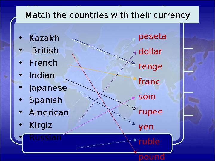 Match the countries with their currency • Kazakh • British • French • Indian • Japanese • Spanish • American •