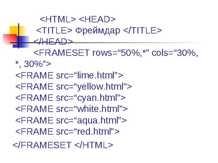 <HTML> <HEAD> <TITLE> Фреймдар </TITLE> </HEAD> <FRAMESET rows=“50%,*” cols=