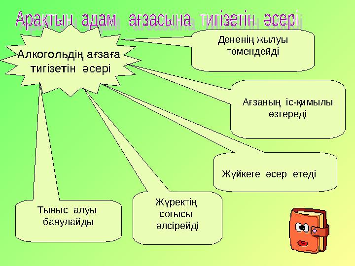 Алкогольдің ағзаға тигізетін әсері Дененің жылуы төмендейді Жүйкеге әсер етеді Жүректің соғысы әлсірейдіТыныс алуы