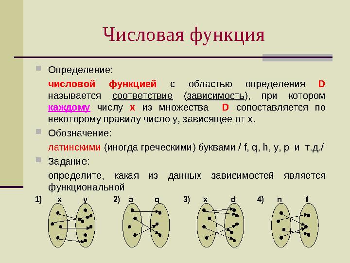 Числовая функция  Определение: числовой функцией с областью определения D называется соответствие ( зависимость ),