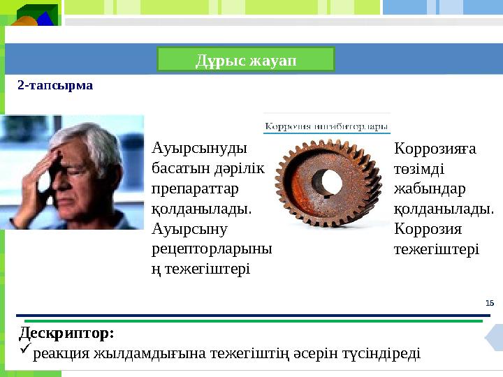 15Дұрыс жауап 2 - тапсырма Дескриптор:  реакция жылдамдығына тежегіштің әсерін түсіндіреді Ауырсынуды басатын дәрілік преп