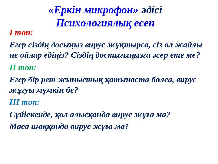 «Еркін микрофон» әдісі Психологиялық есеп І топ: Егер сіздің досыңыз вирус жұқтырса, сіз ол жайлы не ойлар едіңіз? Сіздің дос