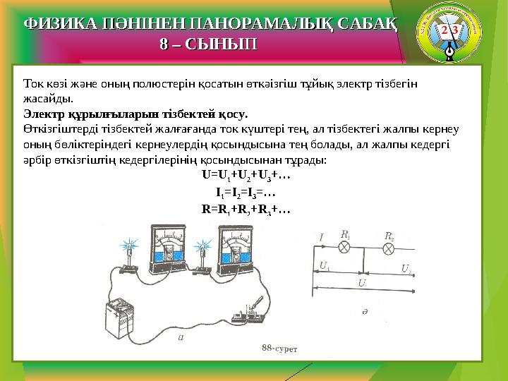 ФИЗИКА ПӘНІНЕН ПАНОРАМАЛЫҚ САБАҚФИЗИКА ПӘНІНЕН ПАНОРАМАЛЫҚ САБАҚ 8 – СЫНЫП 8 – СЫНЫП Ток көзі және оның полюстерін қосатын өткә