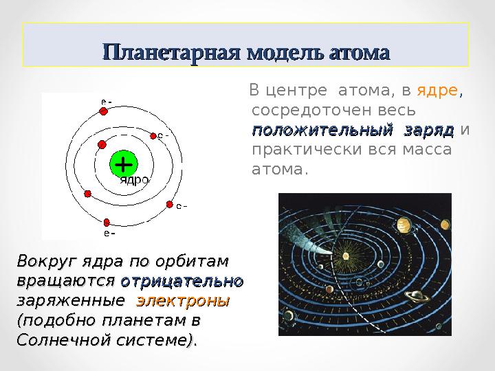 Планетарная модель атомаПланетарная модель атома В центре атома, в ядре , сосредоточен весь положительный заряд положит