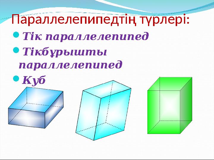 Параллелепипедтің түрлері:  Тік параллелепипед  Тікбұрышты параллелепипед  Куб