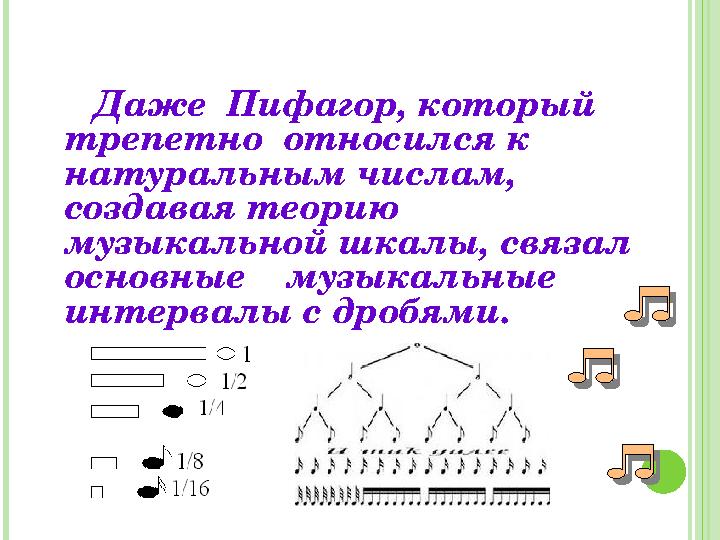 Даже Пифагор, который трепетно относился к натуральным числам, создавая теорию музыкальной шкалы, связал основные Даже Пифагор, который трепетно относился к натуральным числам, создавая теорию музыкальной шкалы, связал основные