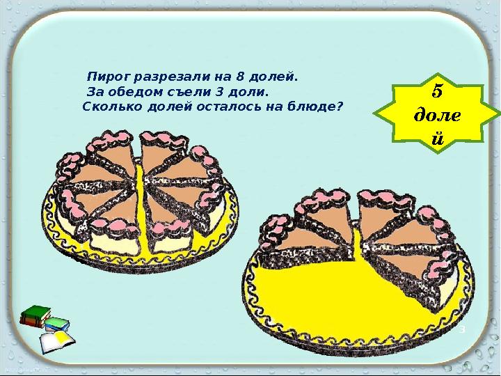 3 Пирог разрезали на 8 долей. За обедом съели 3 доли. Скол 3 Пирог разрезали на 8 долей. За обедом съели 3 доли. Скол