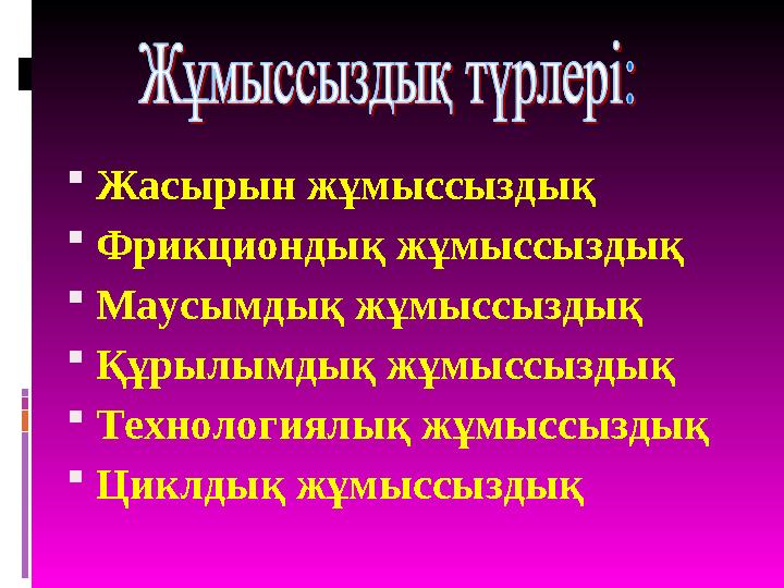  Жасырын жұмыссыздық  Фрикциондық жұмыссыздық  Маусымдық жұмыссыздық  Құрылымдық жұмыссыздық  Технологиялық жұмыссыздық  Ц