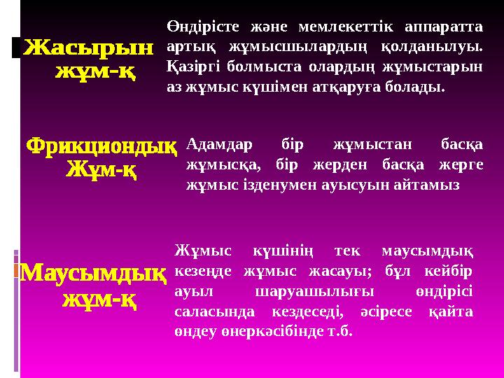 Өндірісте және мемлекеттік аппаратта артық жұмысшылардың қолданылуы. Қазіргі болмыста олардың жұмыстарын аз жұмыс күш