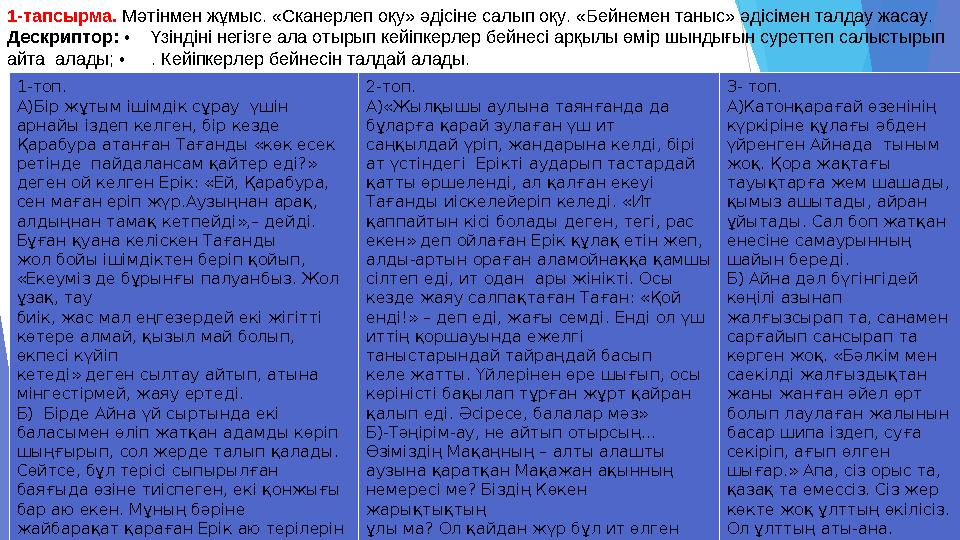 1-тапсырма. Мәтінмен жұмыс. «Сканерлеп оқу» әдісіне салып оқу. «Бейнемен таныс» әдісімен талдау жасау. Дескриптор: • Үзіндіні