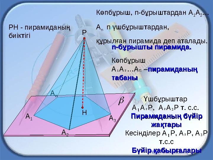 А 1 А 2А n Р А 3Көпбұрыш, n- бұрыштардан А 1 А 2 … А n n үшбұрыштардан, қ ұрылған пирамида деп аталады. НРН - пирамиданы