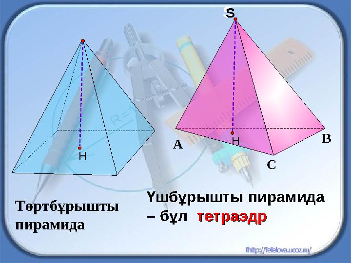 Үшбұрышты пирамида – бұл тетраэдртетраэдр СА ВS S Төртбұрышты пирамида Н Н