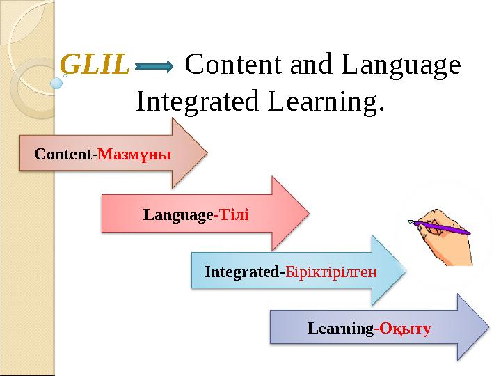 GLIL Content and Language Integrated Learning. Content - Мазмұны Language -Тілі Integrated - Біріктірілген Learning -