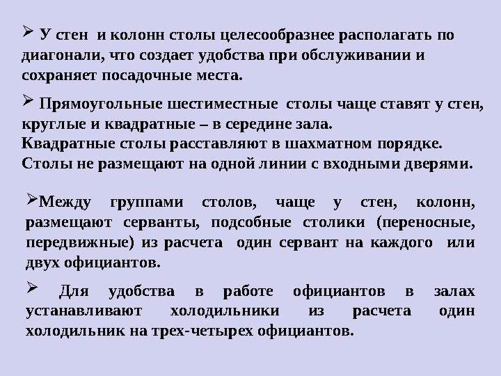  У стен и колонн столы целесообразнее располагать по диагонали, что создает удобства при обслуживании и сохраняет посадочн