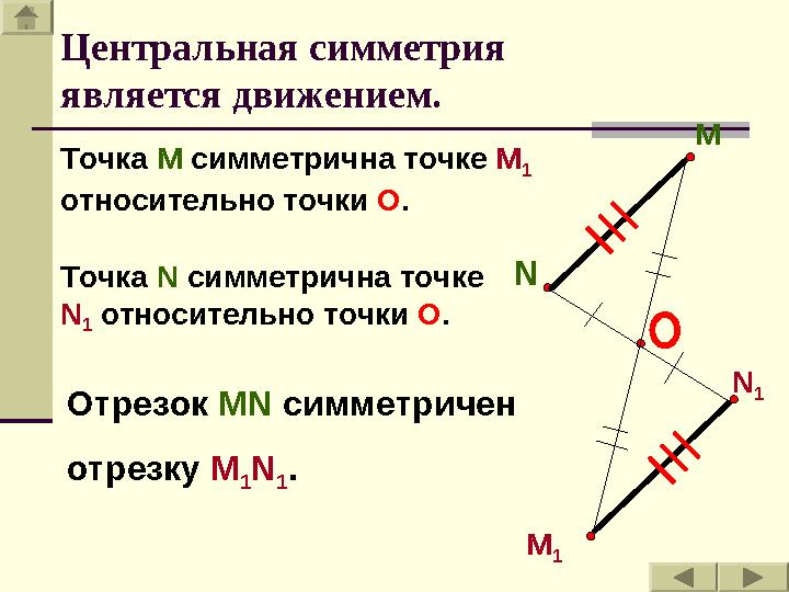 M N N 1 M 1Точка М симметрична точке М 1 относительно точки О . Точка N симметрична точке N 1 относительно точки О . О