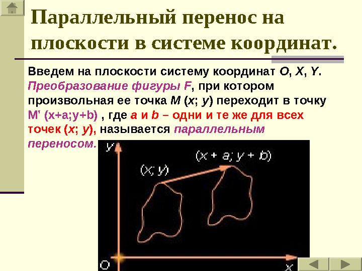 Параллельный перенос на плоскости в системе координат. Введем на плоскости систему координат O , X , Y . Преобразование фиг