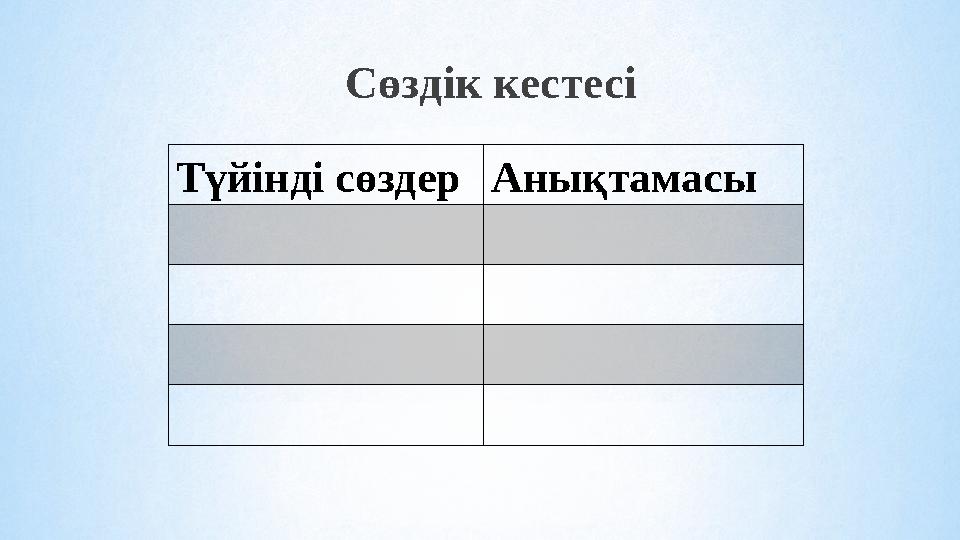 Сөздік кестесі Түйінді сөздер Анықтамасы