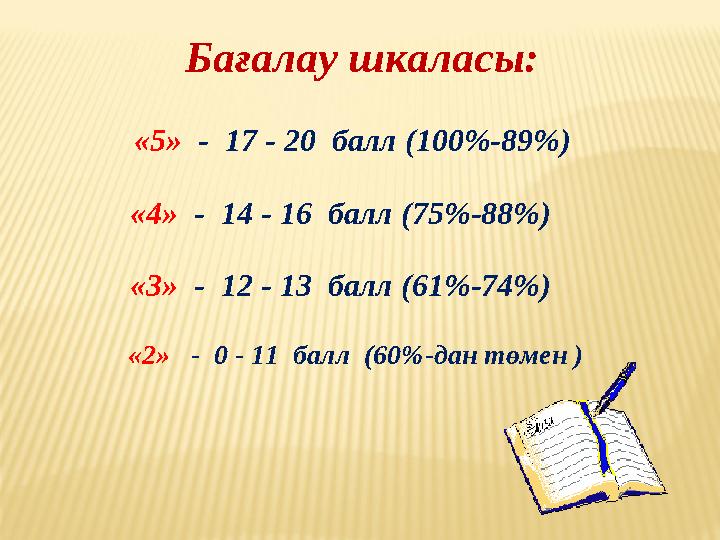 «5» - 17 - 20 балл (100%-89%) «4» - 14 - 16 балл (75%-88%) «3» - 12 - 13 балл (61%-74%) «2» - 0 -