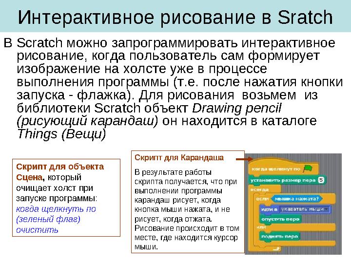 Интерактивное рисование в Sratch В Scratch можно запрограммировать интерактивное рисование, когда пользователь сам формирует