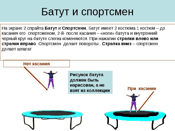 Батут и спортсмен Нет касания При касанииНа экране 2 спрайта Батут и Спортсмен . Батут имеет 2 костюма 1 костюм – до касани